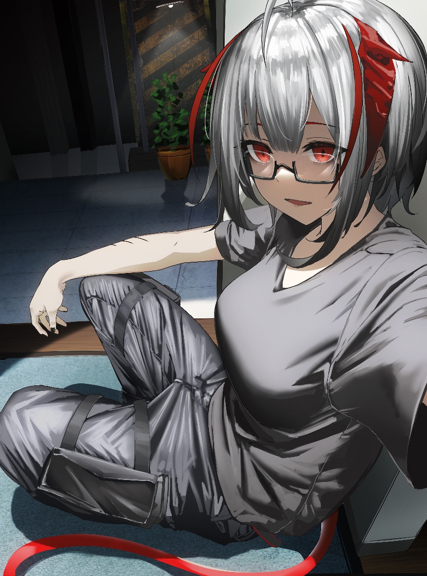 1girl, against_wall, ahoge, arknights, bangs, bespectacled, black-framed_eyewear, black_pants, black_shirt, breasts, demon_girl, demon_horns, demon_tail, glasses, grey_hair, horns, indoors, kureneko, looking_at_viewer, official_alternate_costume, on_floor, open_mouth, pants, plant, potted_plant, red_eyes, semi-rimless_eyewear, shirt, short_hair, short_sleeves, sitting, solo, tail, under-rim_eyewear, w_(arknights), w_(fugue)_(arknights)