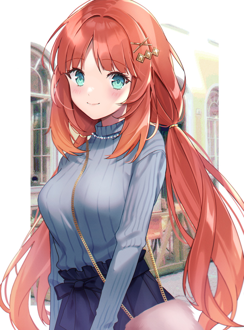 1girl, absurdres, alternate_costume, aqua_eyes, bag, bangs, blue_skirt, blush