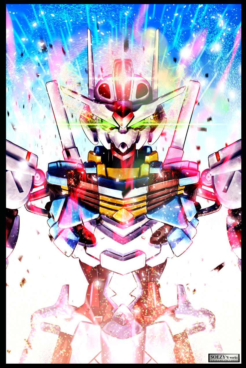 absurdres, assassin_silver, blue_background, commentary, glowing, glowing_eyes, green_eyes, gundam, gundam_aerial, gundam_suisei_no_majo, highres, letterboxed, light_particles, looking_at_viewer, mecha, mobile_suit, no_humans, robot, science_fiction, solo, upper_body, v-fin, weapon