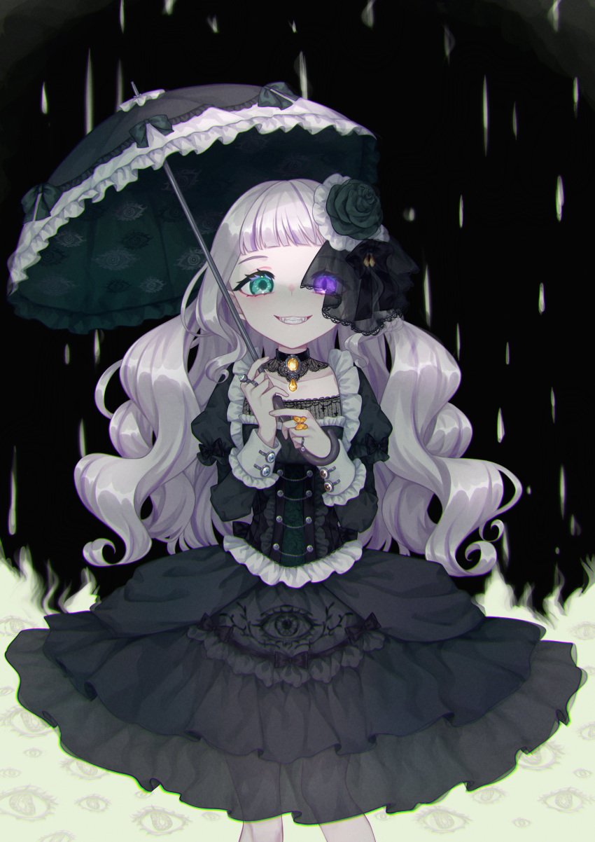 1girl, absurdres, akikawa_higurashi, bangs, black_background, black_bow, black_collar, black_dress