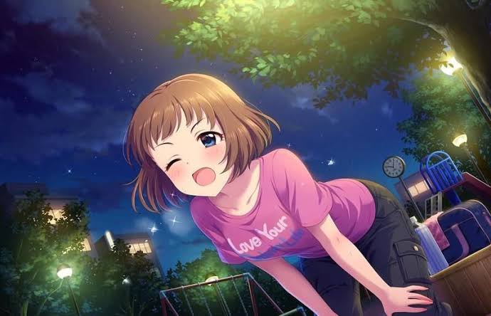 1girl, blue_eyes, brown_hair, idolmaster, idolmaster_cinderella_girls, kudo_shinobu, night, non-web_source