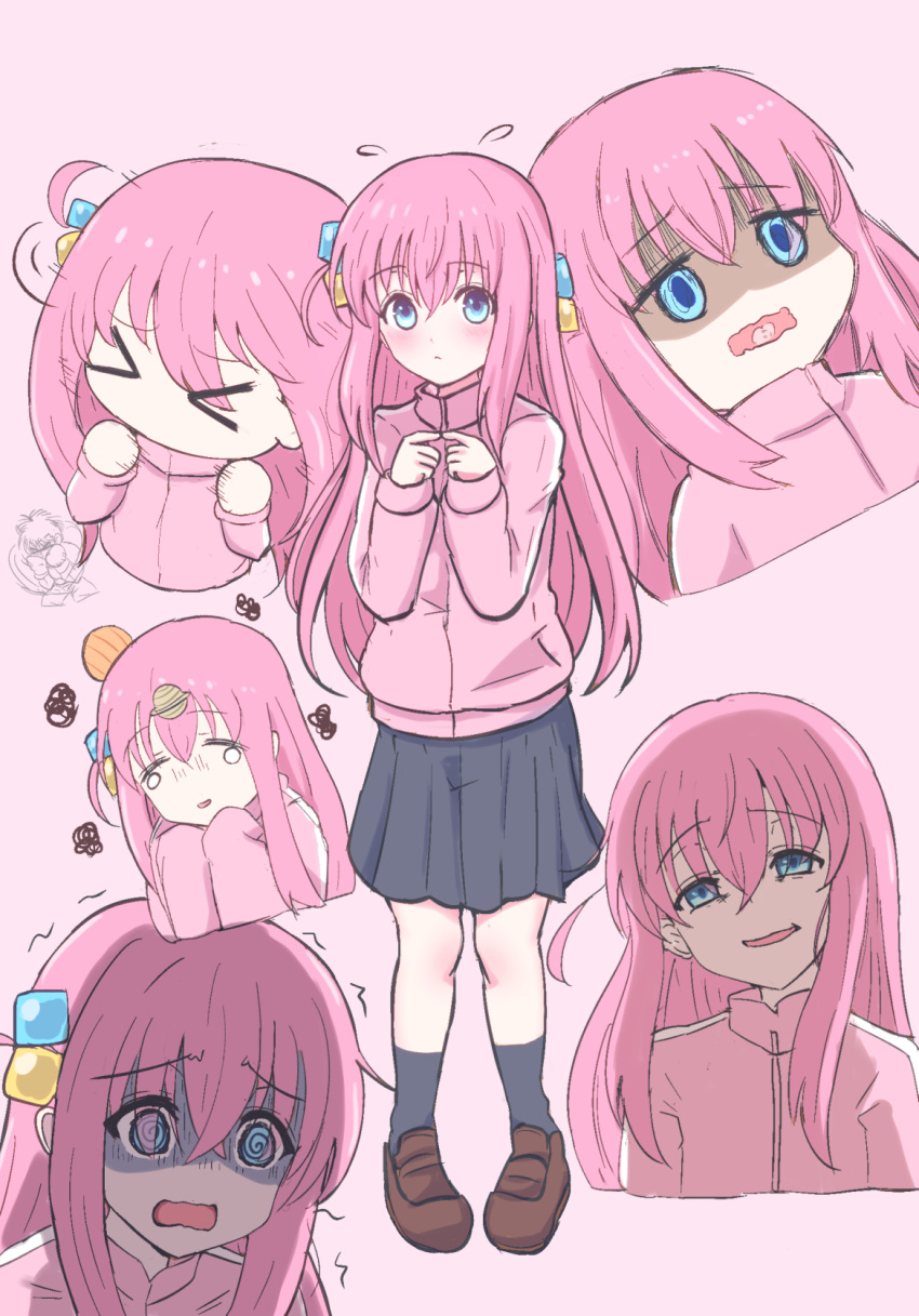 >_<, 1girl, @_@, black_socks, blue_eyes, blush, bocchi_the_rock!, brown_footwear, cropped_torso, cube_hair_ornament, dempsey_roll, despair, expressions, forced_smile, full_body, giorgio_(yo_sumire_sola1), gloom_(expression), gotou_hitori, grey_skirt, hair_between_eyes, hair_cubes, hair_ornament, hajime_no_ippo, highres, jacket, loafers, long_hair, makunouchi_ippo, multiple_views, one_side_up, open_mouth, own_hands_together, pink_hair, pink_jacket, pleated_skirt, shoes, simple_background, skirt, socks, track_jacket, trembling, wavy_mouth