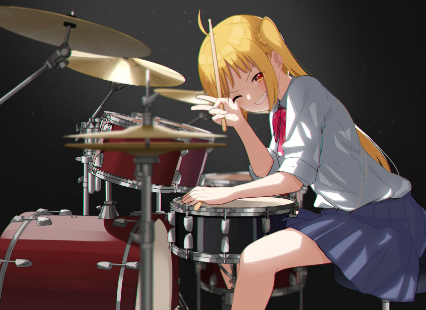1girl, absurdres, ahoge, blonde_hair, blue_skirt, blush, bocchi_the_rock!, bow