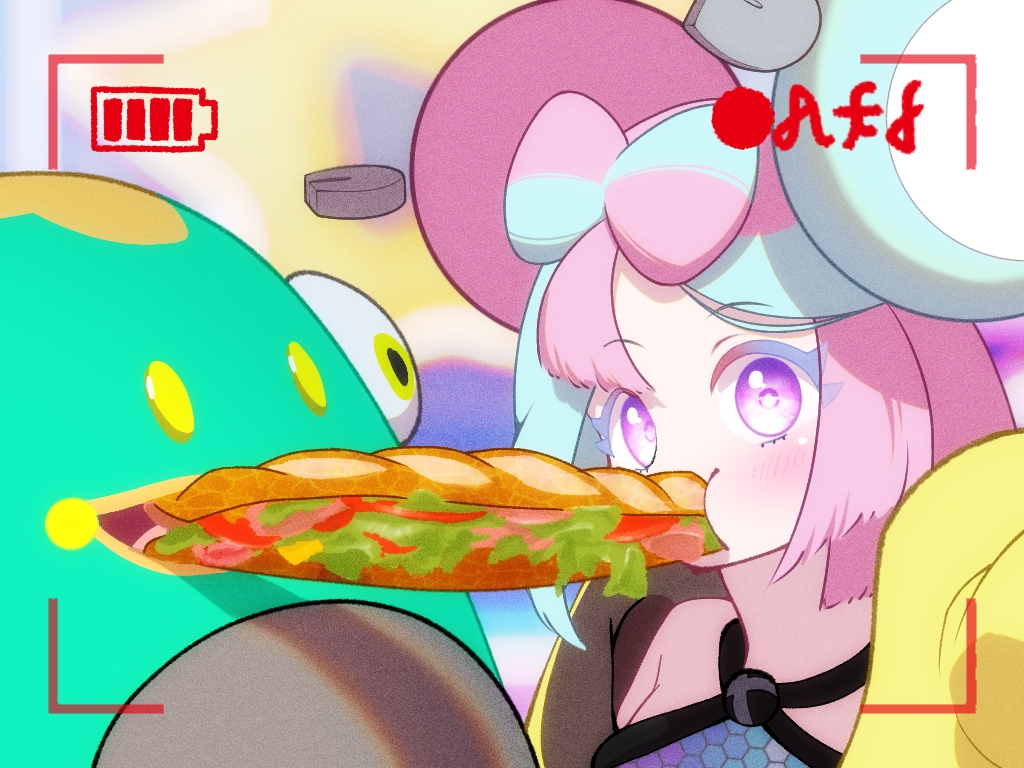 1girl, aqua_hair, bangs, bare_shoulders, bellibolt, bow-shaped_hair, character_hair_ornament, food_in_mouth