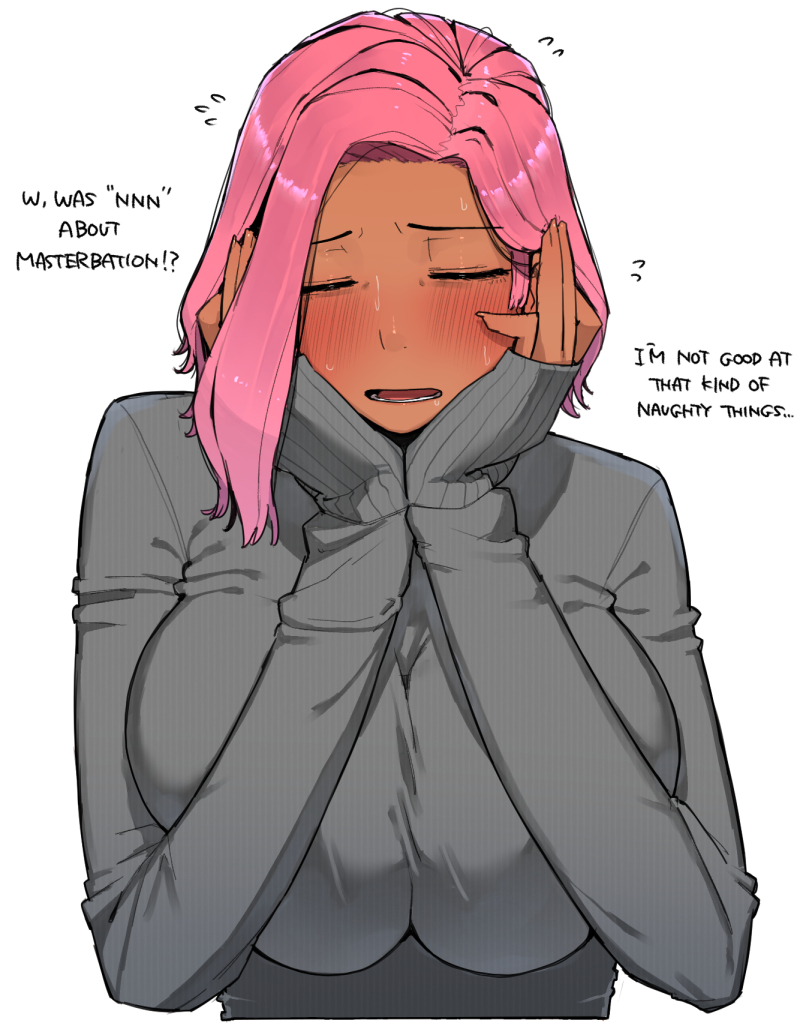 1girl, blush, breasts, closed_eyes, dark-skinned_female, dark_skin, english_text, flying_sweatdrops