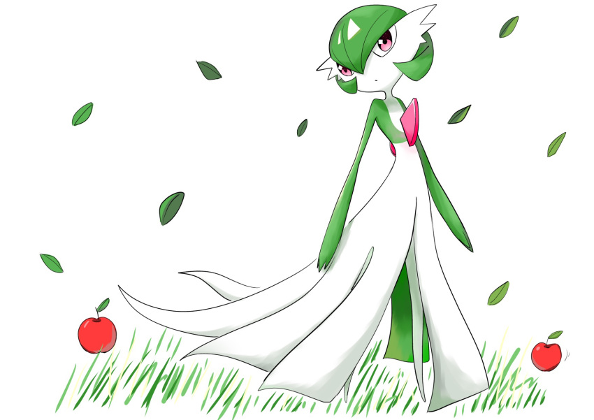 1girl, apple, arms_at_sides, bangs, bob_cut, closed_mouth, colored_skin, commentary, dot_mouth, falling_leaves, flat_chest, food, fruit, full_body, gardevoir, grass, green_hair, green_skin, hair_between_eyes, highres, leaf, looking_at_viewer, multicolored_skin, no_humans, outdoors, pokemon, pokemon_(creature), red_eyes, rve, shiny, shiny_hair, short_hair, simple_background, solo, standing, two-tone_skin, white_background, white_skin