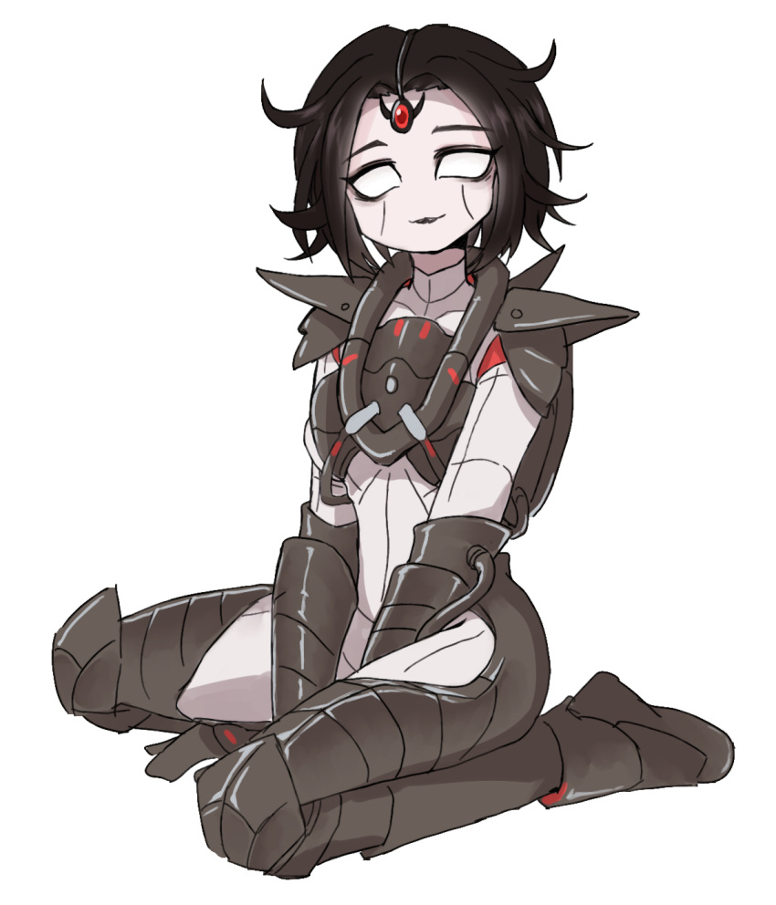 1girl, animification, apex_legends, armor, arms_between_legs, black_eyeshadow, black_gloves, black_hair, black_lips, bodysuit, boots, dark_matter_horizon, eyeshadow, gloves, grey_bodysuit, highres, horizon_(apex_legends), looking_at_viewer, makeup, official_alternate_costume, parted_hair, sacchan_(sacchan_18), short_hair, sitting, smile, solid_eyes, solo, wariza, white_eyes