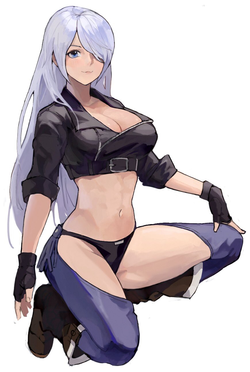 1girl, alternate_hair_length, alternate_hairstyle, angel_(kof), blue_eyes, boots, breasts, chaps