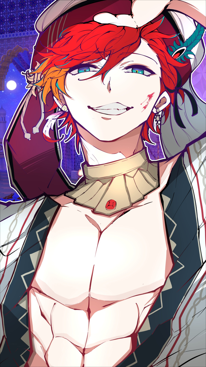 1boy, abs, absurdres, aqua_eyes, aqua_hair, arabian_clothes, asymmetrical_earrings, black_ribbon