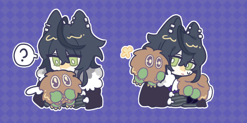 1049927422, ?, ahoge, animal_ears, argyle, argyle_background, arknights, bangs, black_cloak, black_hair, checkered, checkered_background, chibi, cloak, closed_mouth, commentary_request, cropped_torso, ear_piercing, fur-trimmed_cloak, fur_trim, green_eyes, hair_between_eyes, holding, kuriboh, kuroki_tomoko, piercing, purple_background, spoken_question_mark, sweat, upper_body, vigil_(arknights), yu-gi-oh!