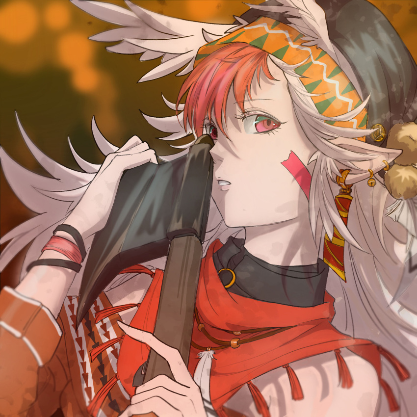 1boy, absurdres, axe, bead_necklace, beads, bell, bell_earrings, blurry, blurry_background, earrings, facepaint, feathers, hat, hatchet_(axe), head_wings, highres, holding, jewelry, long_hair, long_sleeves, looking_at_viewer, male_focus, necklace, north_carolina_(warship_girls_r), object_to_cheek, patterned_clothing, pointy_ears, red_eyes, redhead, shadow, shawl, solo, tagme, upper_body, warship_girls_r