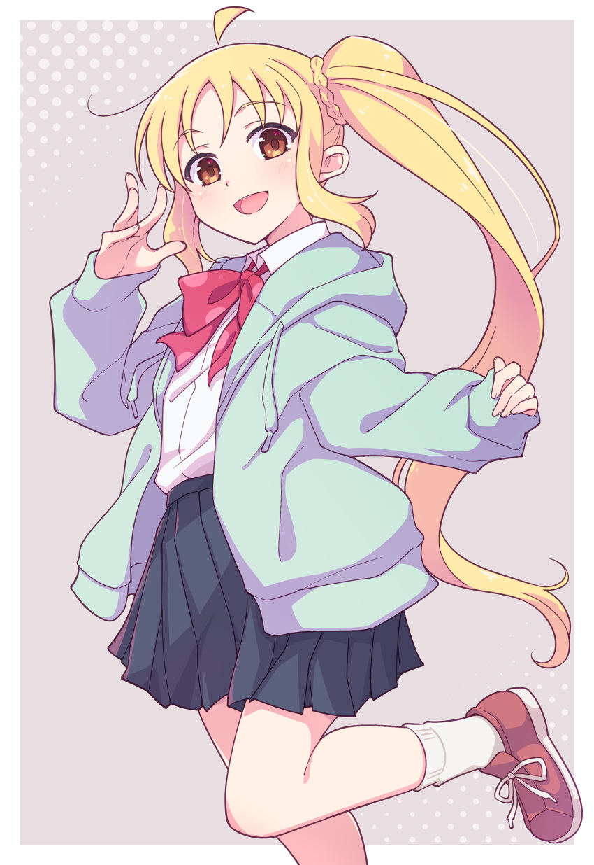 1girl, :d, absurdres, ahoge, black_skirt, blonde_hair, blue_jacket, bocchi_the_rock!