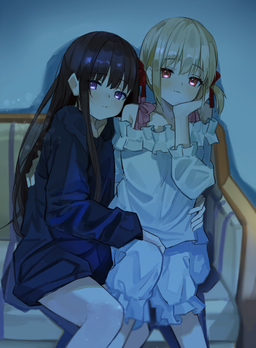 2girls, absurdres, bangs, black_hair, blonde_hair, blue_hoodie, blush, closed_mouth, commentary_request, couch, dark, frilled_shirt, frilled_shorts, frills, hair_ribbon, hand_on_another's_back, hand_on_another's_hip, highres, hood, hood_down, hoodie, hug, indoors, inoue_takina, long_hair, long_sleeves, looking_at_viewer, lycoris_recoil, multiple_girls, nappi0110, nishikigi_chisato, purple_eyes, red_eyes, red_ribbon, ribbon, shirt, short_hair, short_twintails, shorts, sitting, smile, twintails, violet_eyes, white_shirt, white_shorts, yuri