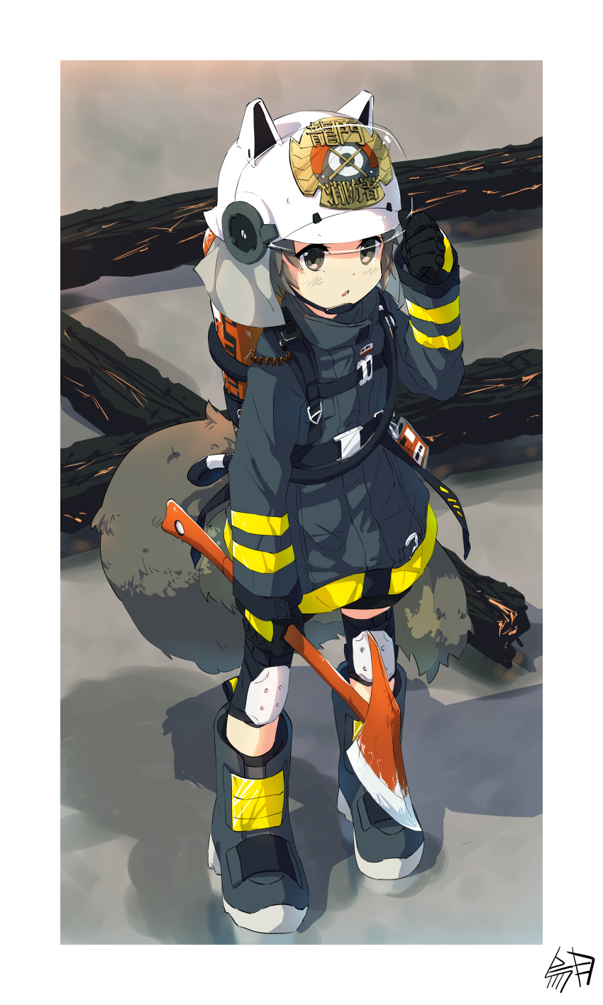 1girl, :o, absurdres, animal_ears, animal_ears_helmet, arknights, axe, black_footwear