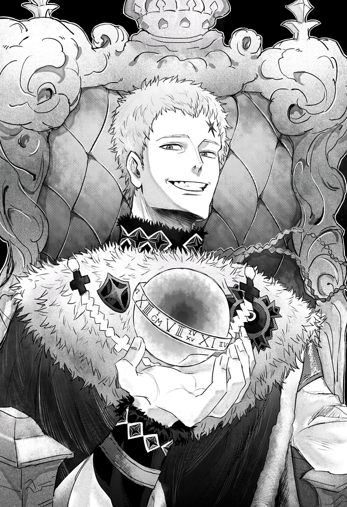 1boy, black_background, black_clover, cloak, facial_hair, facial_mark, forehead_mark, fur-trimmed_cloak
