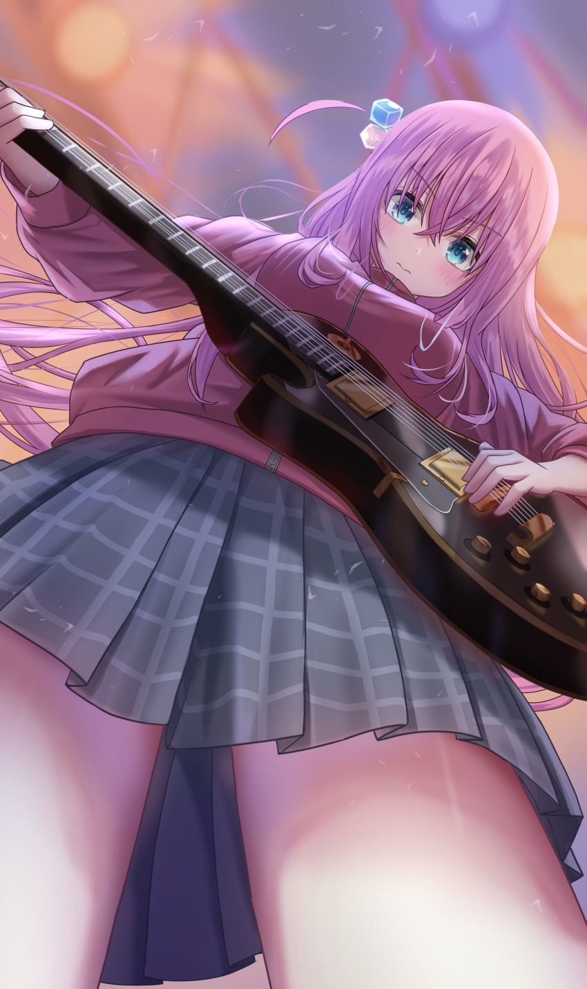 1girl, absurdres, akirondo, bangs, black_shirt, blue_eyes, blush, bocchi_the_rock!, breasts, closed_mouth, commentary, cube_hair_ornament, electric_guitar, facing_viewer, from_below, gibson_les_paul, gotou_hitori, grey_skirt, guitar, hair_between_eyes, hair_ornament, highres, holding, holding_instrument, instrument, jacket, long_hair, long_sleeves, medium_breasts, music, pink_hair, pink_jacket, plaid, plaid_skirt, playing_instrument, pleated_skirt, serious, shirt, skirt, solo