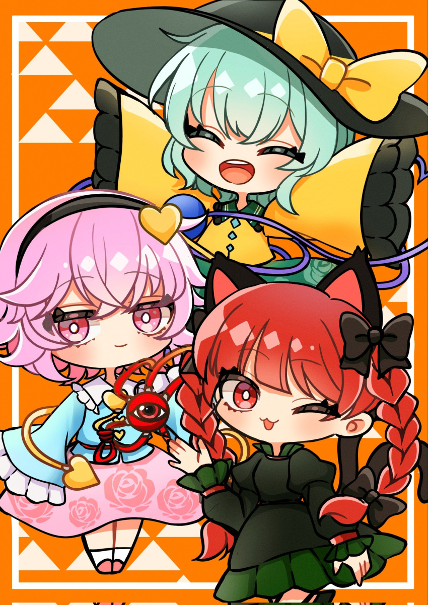 3girls, animal_ears, black_headwear, blue_shirt, bow, braid, cat_ears, chibi
