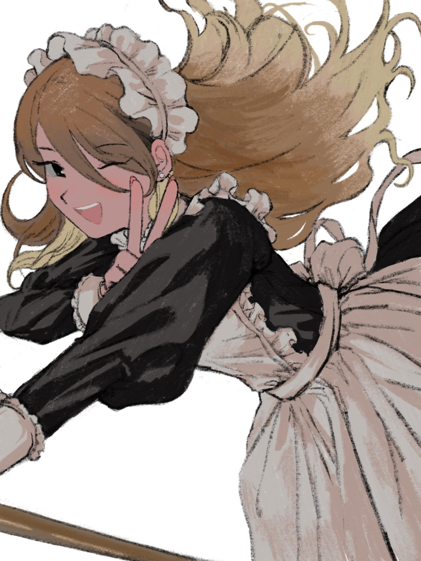 1girl, apron, black_eyes, blonde_hair, blush, broom, brown_hair, ear_piercing