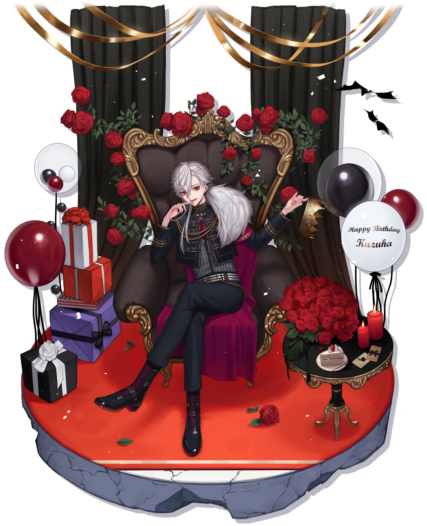 1boy, absurdres, aoringo1875, balloon, black_footwear, black_pants, boots, bouquet