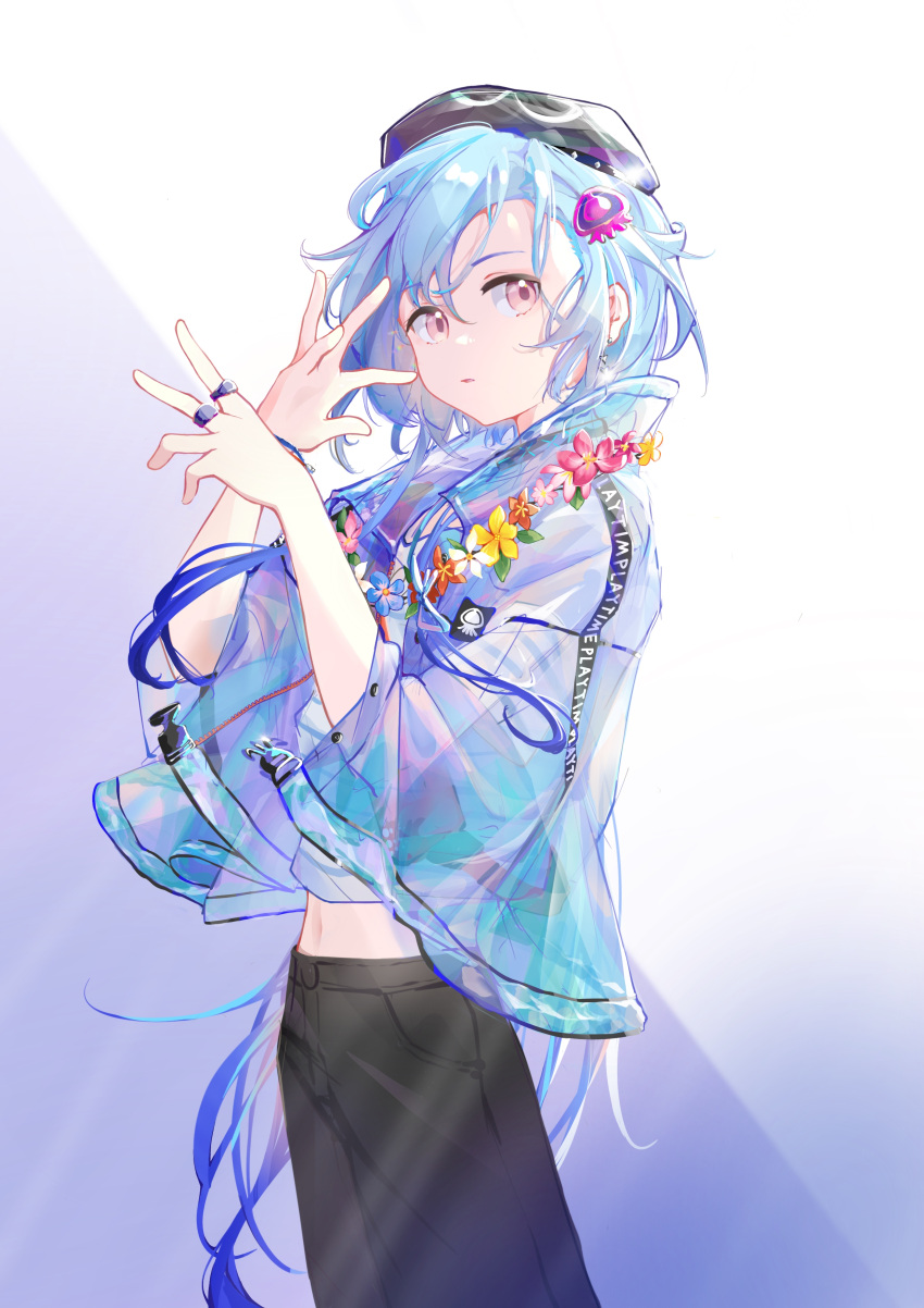 1boy, 1girl, absurdres, arknights, beret, black_headwear, black_pants, blue_flower