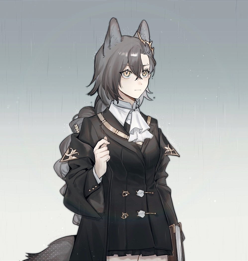 1girl, 404_not_found, animal_ear_fluff, animal_ears, arknights, ascot, bangs, black_coat, black_dress, black_nails, book, braid, closed_mouth, coat, cowboy_shot, dress, flower, gradient, gradient_background, grey_background, hair_between_eyes, hair_ornament, holding, holding_book, long_hair, nail_polish, open_clothes, open_coat, penance_(arknights), rain, rose, single_braid, solo, tail, very_long_hair, white_ascot, white_flower, white_rose, wolf_ears, wolf_girl, wolf_tail, yellow_eyes