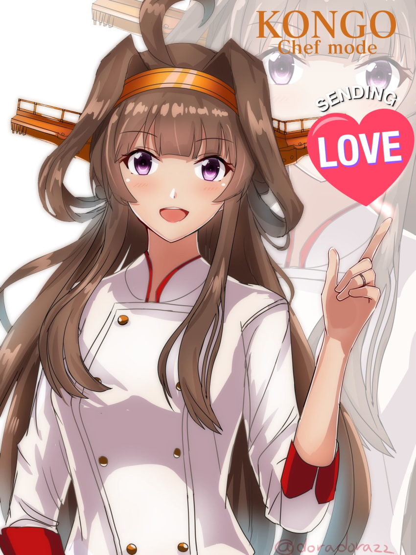 1girl, ahoge, alternate_costume, brown_hair, chef_uniform, commentary_request, double_bun, hair_bun