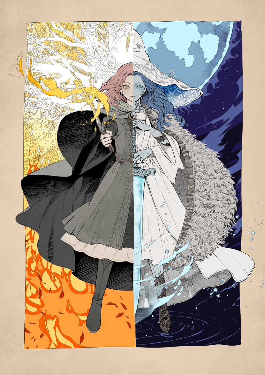 2girls, black_cape, black_footwear, blue_eyes, blue_hair, blue_skin, boots, brown_hair