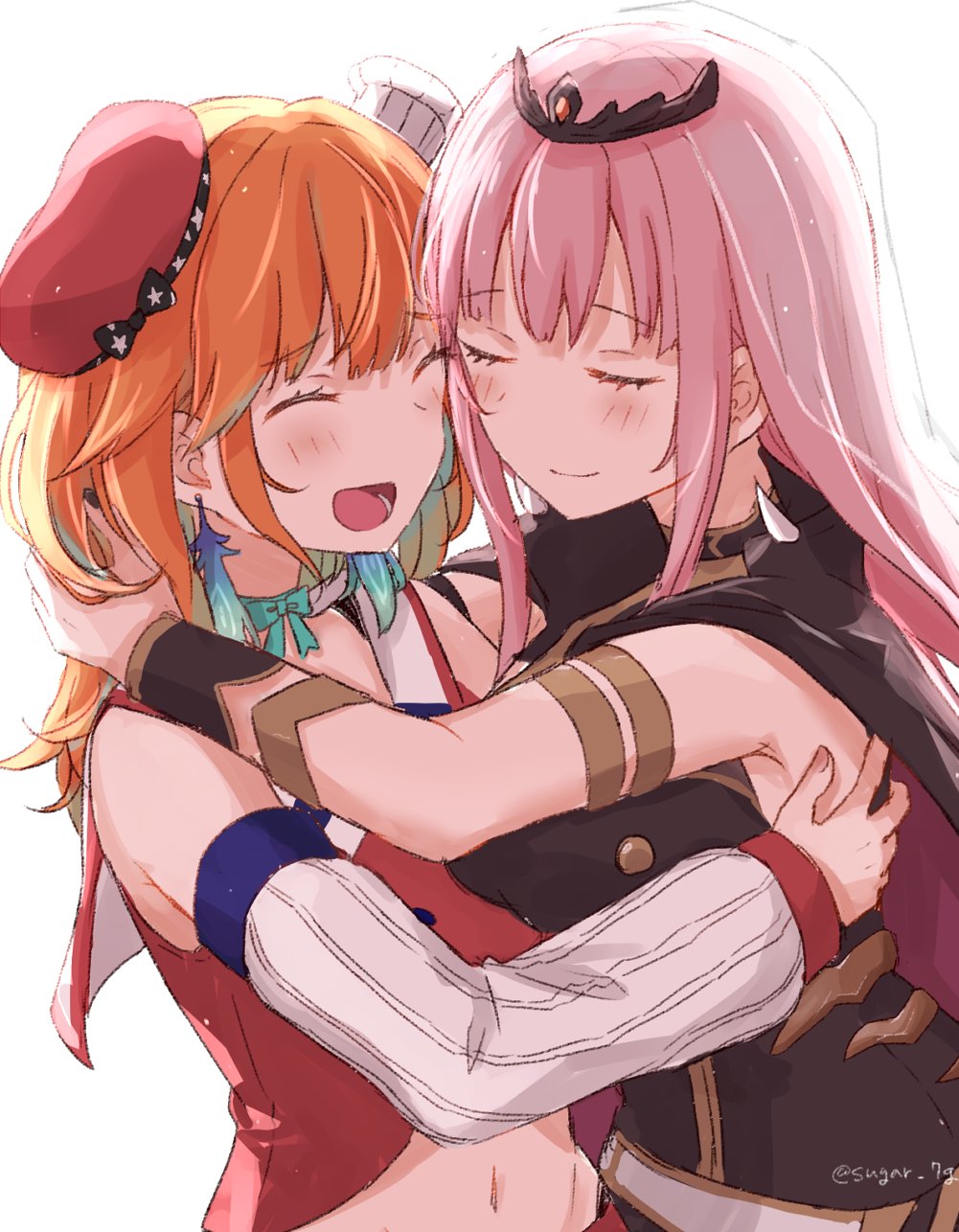 2girls, bangs, black_cape, black_dress, blunt_bangs, bow_choker, cape, chef_hat, closed_eyes, couple, detached_sleeves, dress, earrings, feather_earrings, feathers, gloves, gradient_hair, hat, highres, hololive, hololive_english, hug, jewelry, long_dress, long_hair, looking_at_another, mori_calliope, multicolored_hair, multiple_girls, open_mouth, orange_hair, orange_headwear, pink_hair, shoulder_spikes, single_detached_sleeve, sleeveless, sleeveless_dress, smile, spikes, straight_hair, sugar_7g, takanashi_kiara, tiara, torn_cape, torn_clothes, veil, virtual_youtuber, yuri