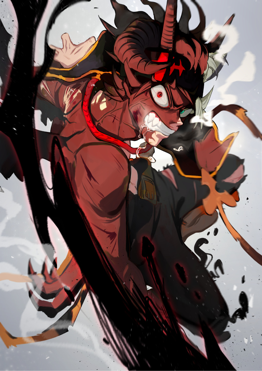 1boy, absurdres, anger_vein, angry, asta_(black_clover), belt, black_capelet, black_clover