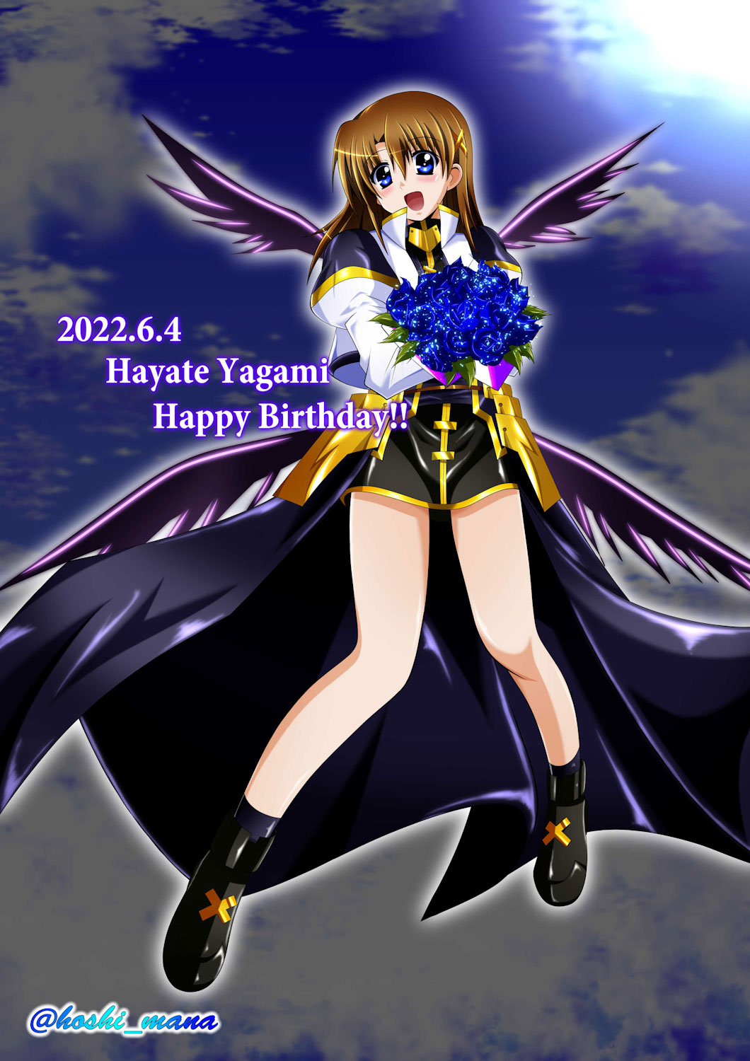 1girl, birthday, black_skirt, blue_eyes, blush, bouquet, brown_hair, dated, fingerless_gloves, flower, full_body, gloves, hair_ornament, happy_birthday, highres, looking_at_viewer, lyrical_nanoha, magical_girl, mahou_shoujo_lyrical_nanoha_strikers, miniskirt, open_mouth, rappasan05, shiny, shiny_hair, short_hair, skirt, sky, smile, solo, wings, x_hair_ornament, yagami_hayate