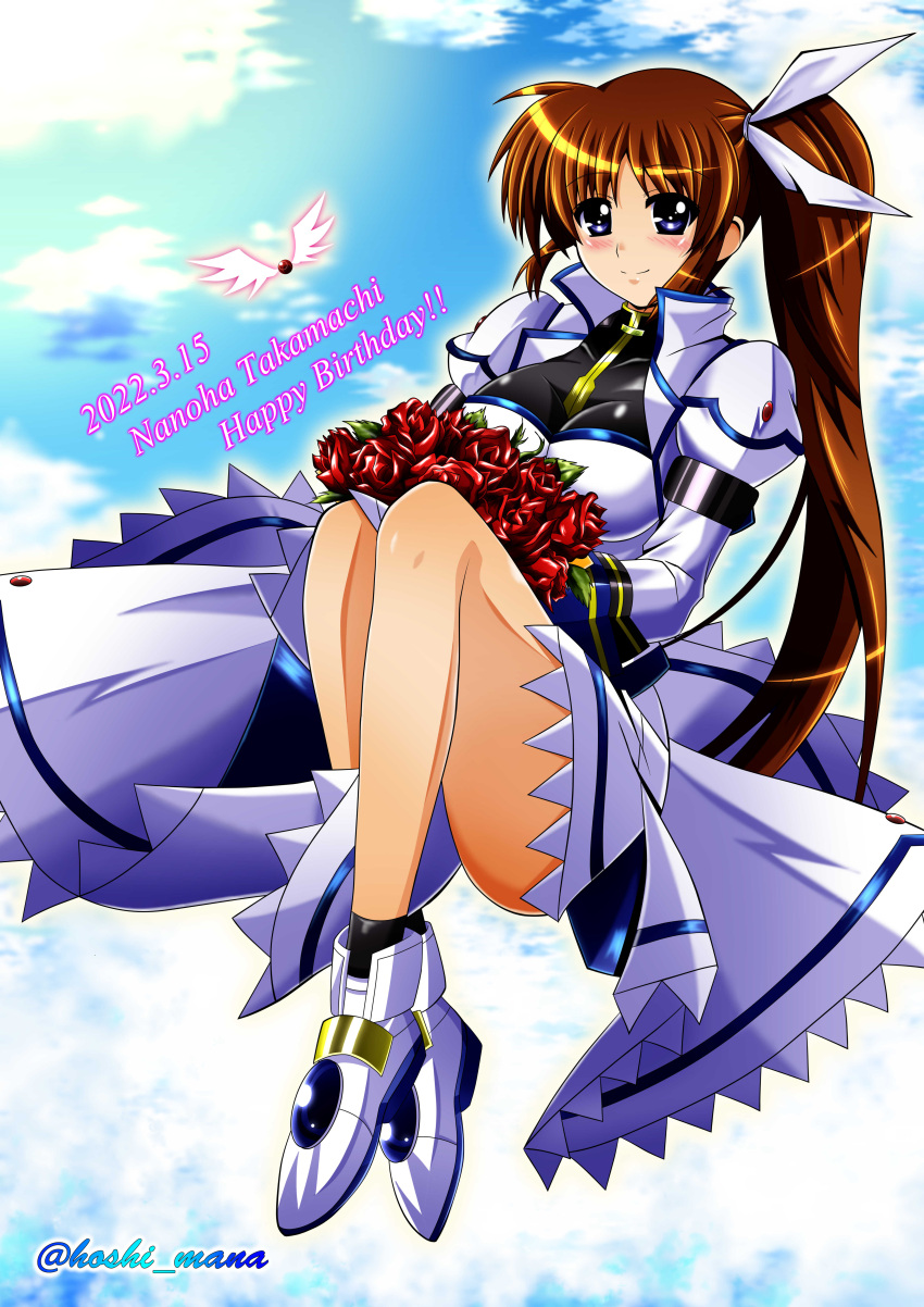 1girl, absurdres, birthday, blue_eyes, blush, bouquet, breasts, brown_hair, closed_mouth, dated, fingerless_gloves, flower, full_body, hair_ribbon, happy_birthday, highres, holding, holding_bouquet, juliet_sleeves, large_breasts, long_hair, looking_at_viewer, lyrical_nanoha, magical_girl, mahou_shoujo_lyrical_nanoha_strikers, ponytail, puffy_sleeves, purple_eyes, raising_heart, rappasan05, ribbon, shiny, shiny_hair, shiny_skin, side_ponytail, sky, smile, takamachi_nanoha