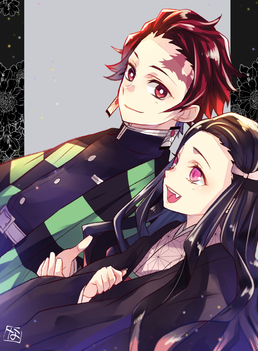 1boy, 1girl, :d, bamboo, belt, bit_gag, black_hair, black_jacket