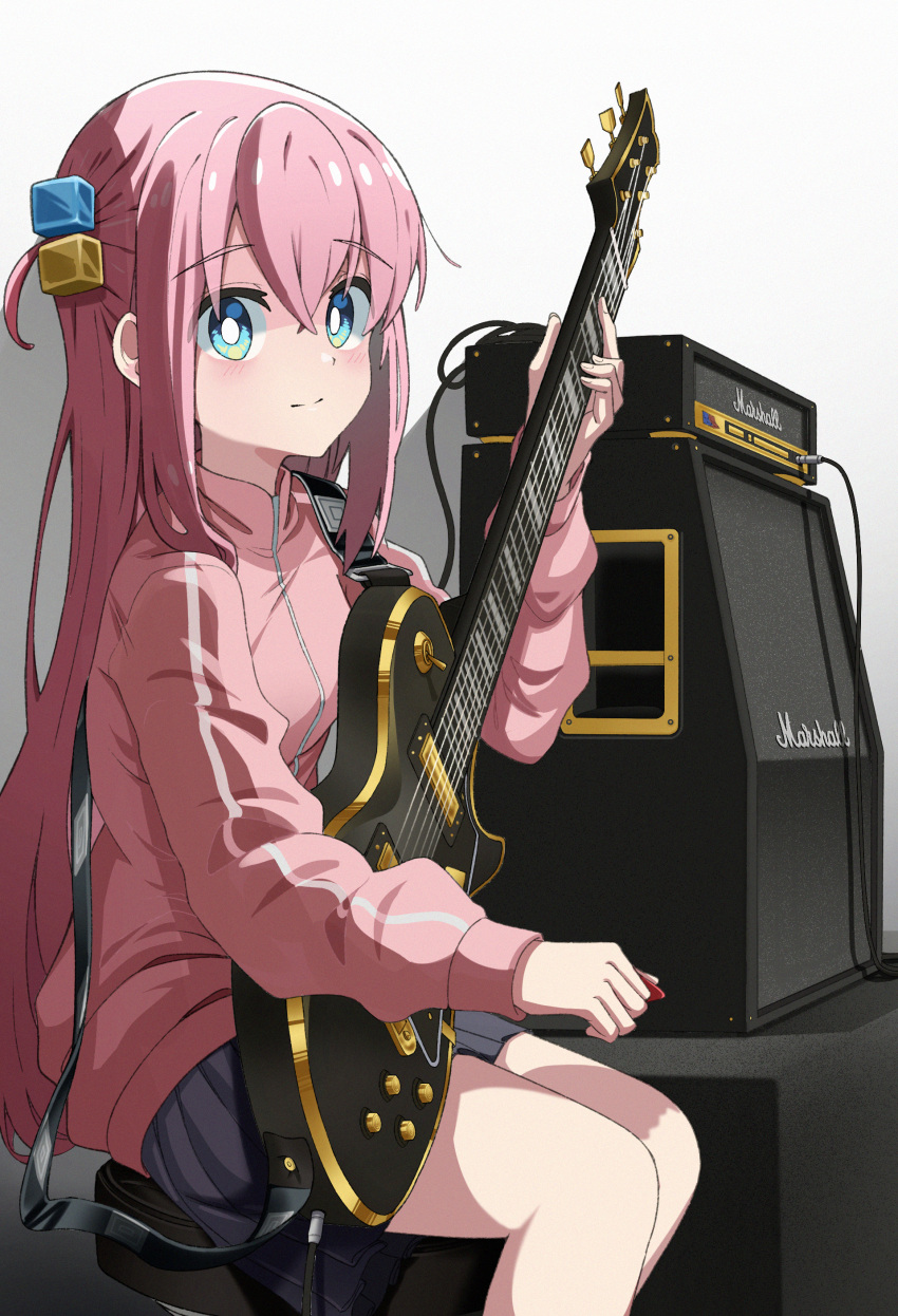 1girl, absurdres, amplifier, bangs, black_skirt, blue_eyes, blush, bocchi_the_rock!, breakdiamond, bright_pupils, crossed_bangs, electric_guitar, from_side, gibson_les_paul, gotou_hitori, guitar, hair_cubes, hair_ornament, highres, holding, holding_instrument, instrument, jacket, light_smile, long_hair, long_sleeves, looking_at_viewer, marshall, one_side_up, pink_hair, pink_jacket, pleated_skirt, plectrum, shadow, sitting, skirt, solo, stool, track_jacket, white_pupils