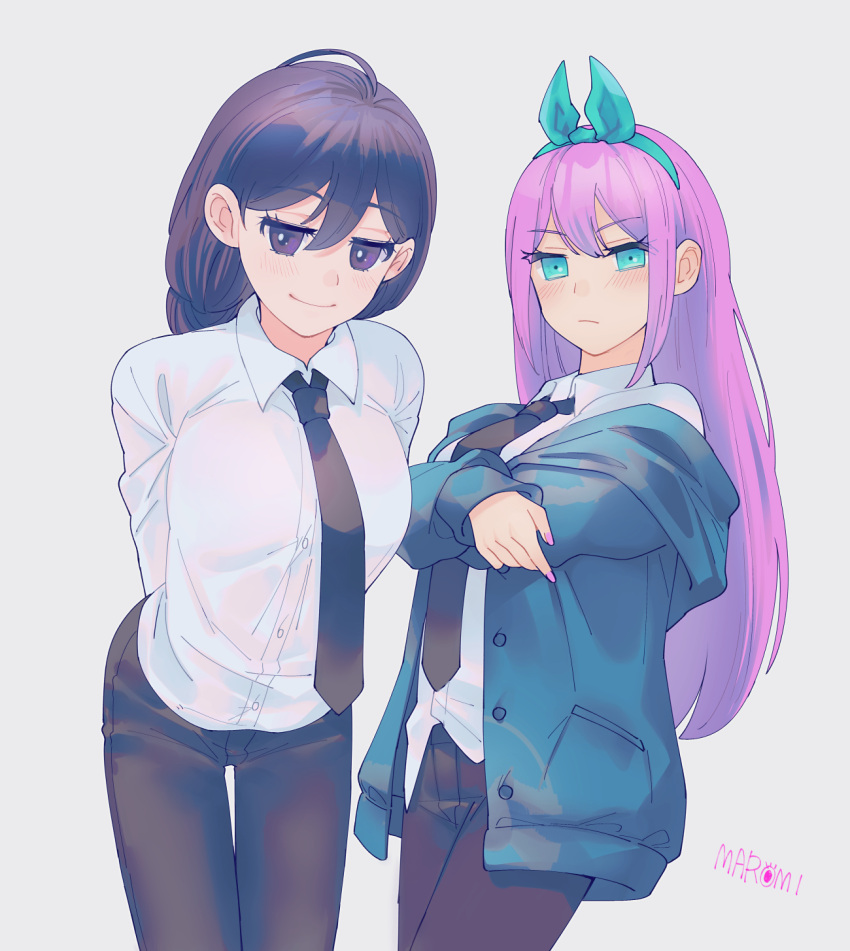 2girls, artist_name, aubrey_(omori), black_eyes, black_hair, black_necktie, black_pants, blue_eyes, blush, chainsaw_man, closed_mouth, collared_shirt, cosplay, gradient, gradient_background, hairband, highres, leaning_forward, long_hair, long_sleeves, makima_(chainsaw_man), makima_(chainsaw_man)_(cosplay), mari_(omori), maromichan, multiple_girls, necktie, omori, pants, pantyhose, pink_hair, pink_nails, ponytail, power_(chainsaw_man), power_(chainsaw_man)_(cosplay), purple_hair, shirt, shirt_tucked_in, simple_background, smile, smug, white_background, white_shirt