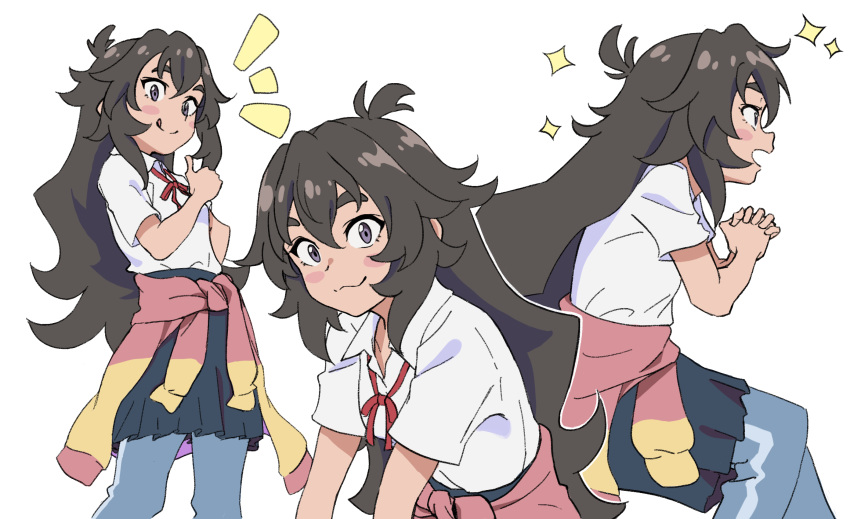/\/\/\, 1girl, black_skirt, blush, blush_stickers, brown_hair, clothes_around_waist, denim