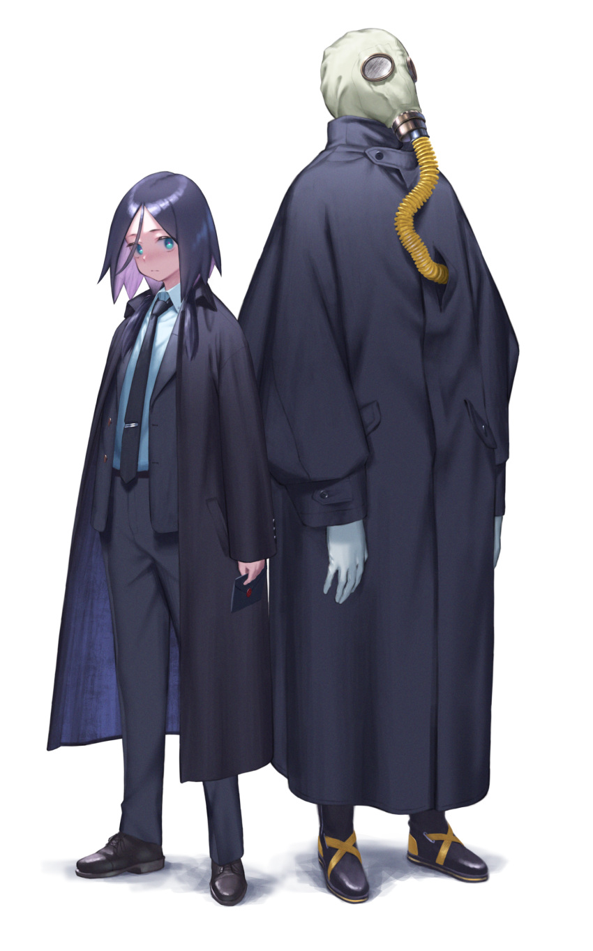 1boy, 1girl, 1other, absurdres, black_footwear, black_necktie, black_pants, blue_eyes