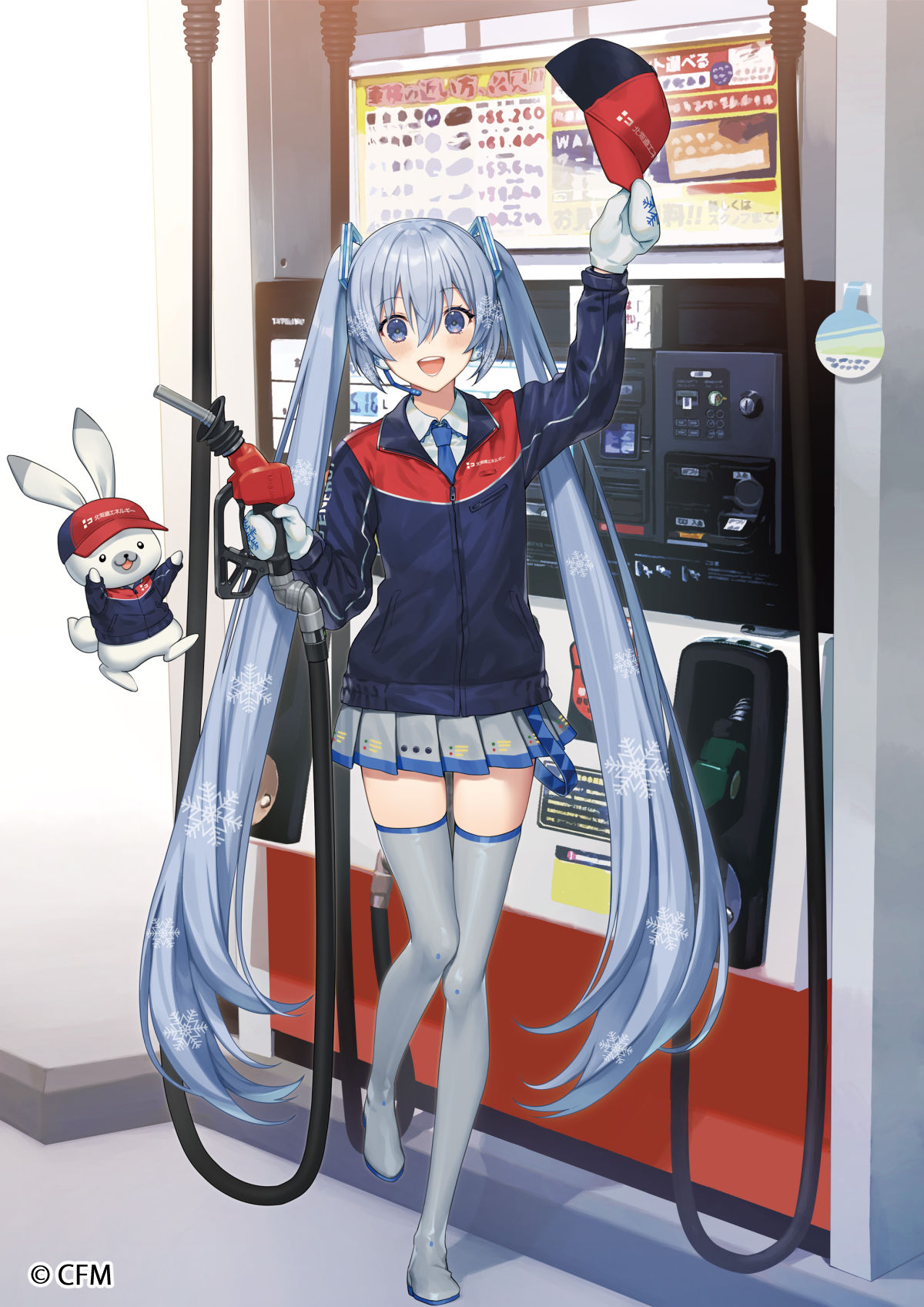 1girl, :d, arm_up, bangs, blue_eyes, blue_hair, blue_headwear, blue_jacket, blue_necktie, boots, collared_shirt, commentary_request, full_body, gas_pump, gas_pump_nozzle, gas_station, grey_footwear, grey_skirt, hat, hatsune_miku, highres, holding, holding_clothes, holding_hat, jacket, long_hair, looking_at_viewer, multicolored_clothes, multicolored_jacket, necktie, open_mouth, rabbit_yukine, red_headwear, red_jacket, shirt, skirt, smile, taranboman, teeth, thigh_boots, thighhighs, twintails, two-tone_headwear, two-tone_jacket, upper_teeth, very_long_hair, vocaloid, white_legwear, white_mittens, white_shirt, yuki_miku