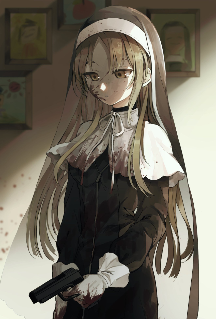 1girl, bangs, black_dress, blood, brown_eyes, closed_mouth, dress, expressionless