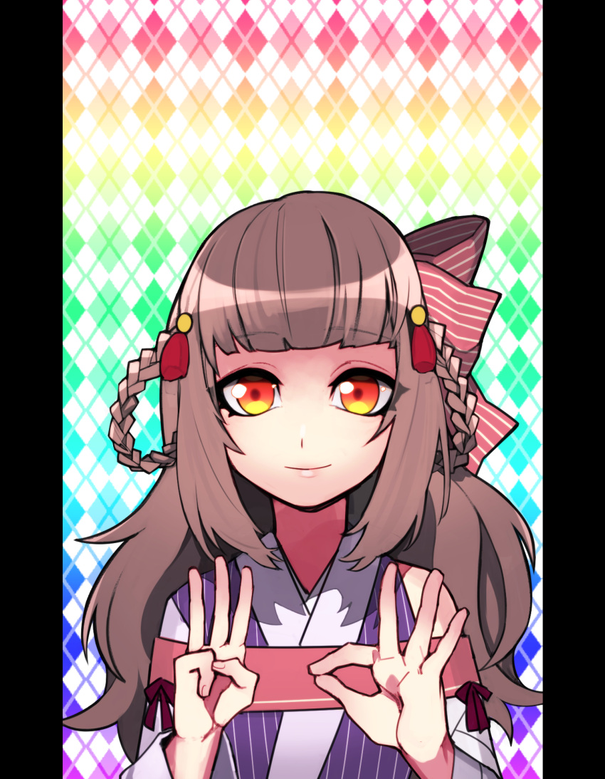 1girl, argyle, argyle_background, bangs, blunt_bangs, bow, braid, brown_hair