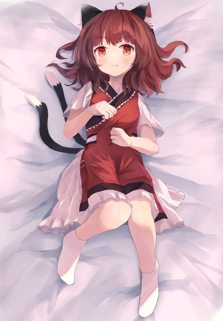 1girl, absurdres, ahoge, animal_ear_fluff, animal_ears, ar_(maeus), bed_sheet, blush