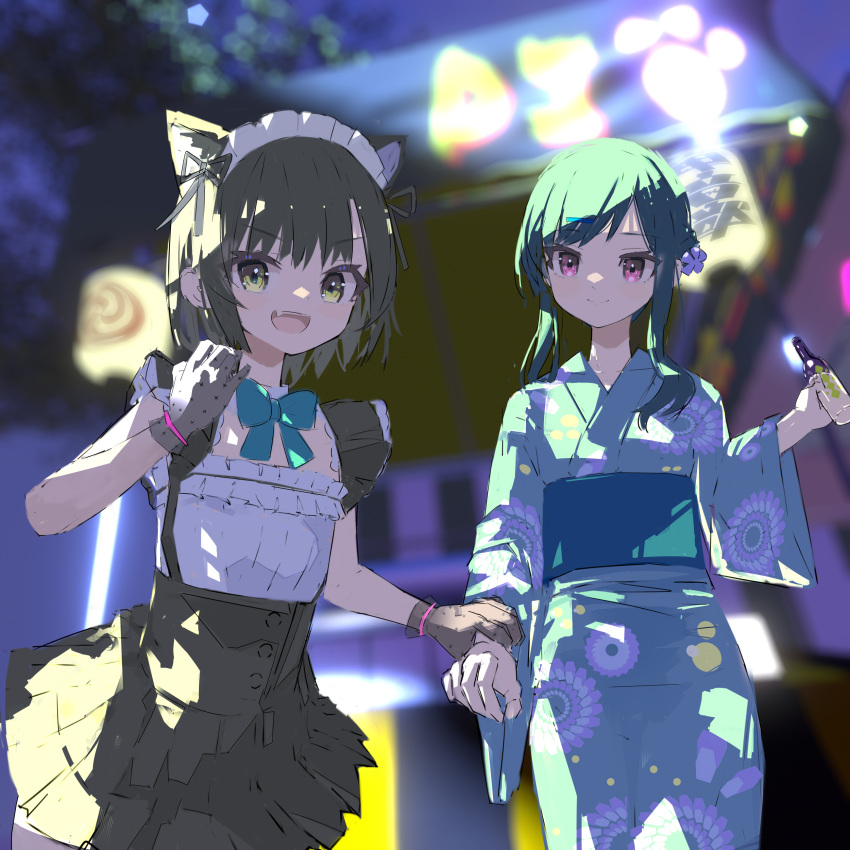 2girls, absurdres, animal_ears, black_gloves, black_hair, cat_ears, denonbu, fake_animal_ears, festival, gloves, gurumaruhana, hair_ornament, highres, holding, japanese_clothes, kimono, kurogane_tama, long_sleeves, looking_at_viewer, multiple_girls, obi, open_mouth, sash, shinonome_kazune, short_hair, smile, wide_sleeves, yukata
