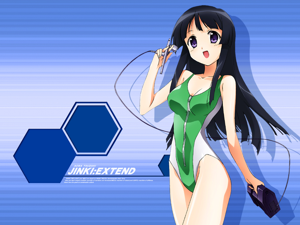 airbrush, black_hair, breasts, casual_one-piece_swimsuit, cleavage, happy, jinki, jinki_extend