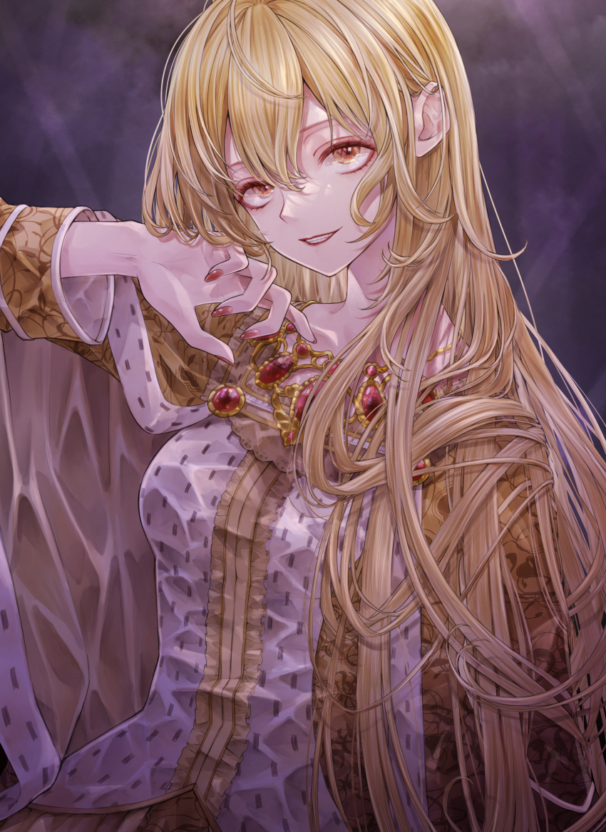 1girl, absurdres, ahoge, arm_up, blonde_hair, breasts, cape, clouds