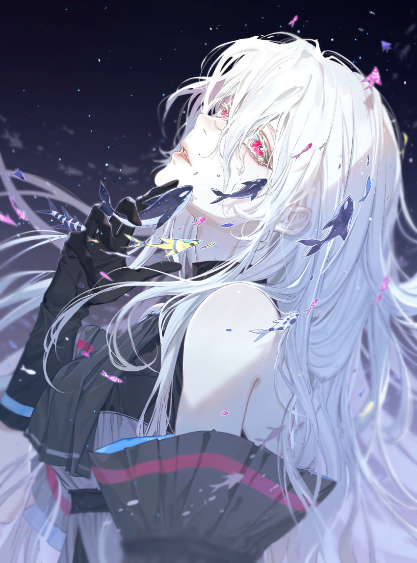1girl, arknights, ascot, black_ascot, black_gloves, black_sleeves, chinese_commentary, chongyou_pomelo
