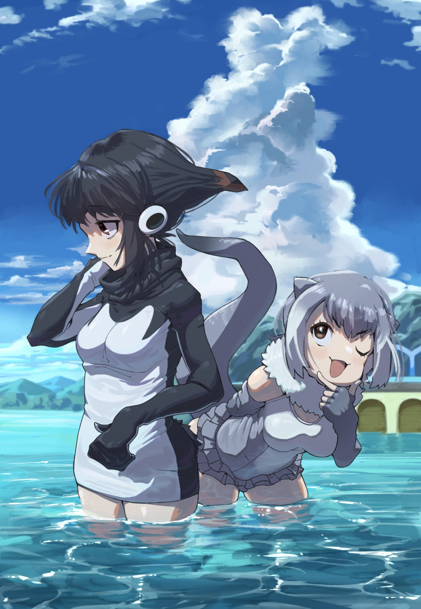 2girls, adelie_penguin_(kemono_friends), animal_ears, arm_behind_back, bangs, bent_over, black_hair, blue_sky, brown_eyes, brown_hair, closed_mouth, clouds, day, dress, elbow_gloves, fingerless_gloves, fur_collar, gloves, grey_hair, hand_on_own_chin, hand_up, headphones, highres, impossible_hair, kemono_friends, light_smile, long_sleeves, looking_at_another, medium_hair, microdress, mountainous_horizon, multicolored_hair, multiple_girls, one-piece_swimsuit, one_eye_closed, open_mouth, otter_ears, otter_girl, otter_tail, outdoors, semikouen, sky, small-clawed_otter_(kemono_friends), smile, stroking_own_chin, swimsuit, tail, two-tone_hair, v-shaped_eyebrows, wading, water