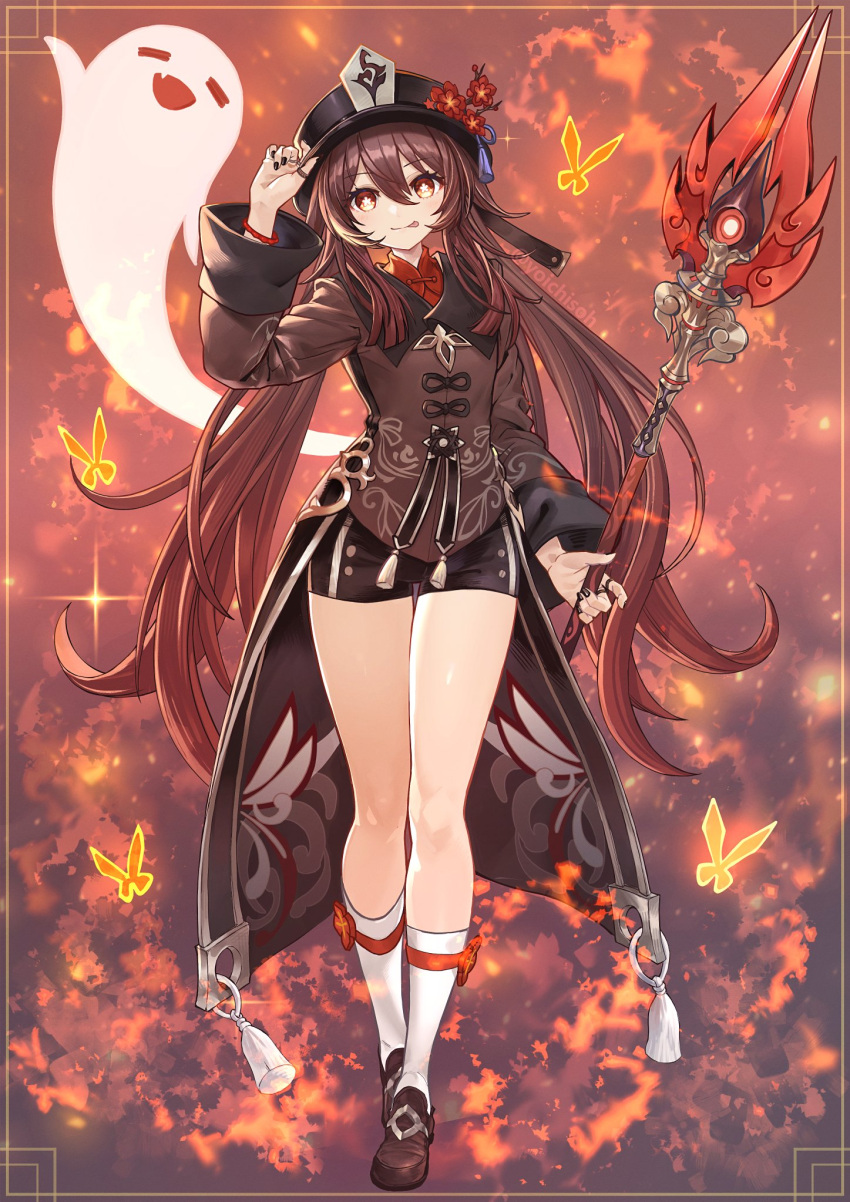 1girl, bead_bracelet, beads, black_headwear, black_nails, black_shorts, blue_butterfly, boo_tao_(genshin_impact)