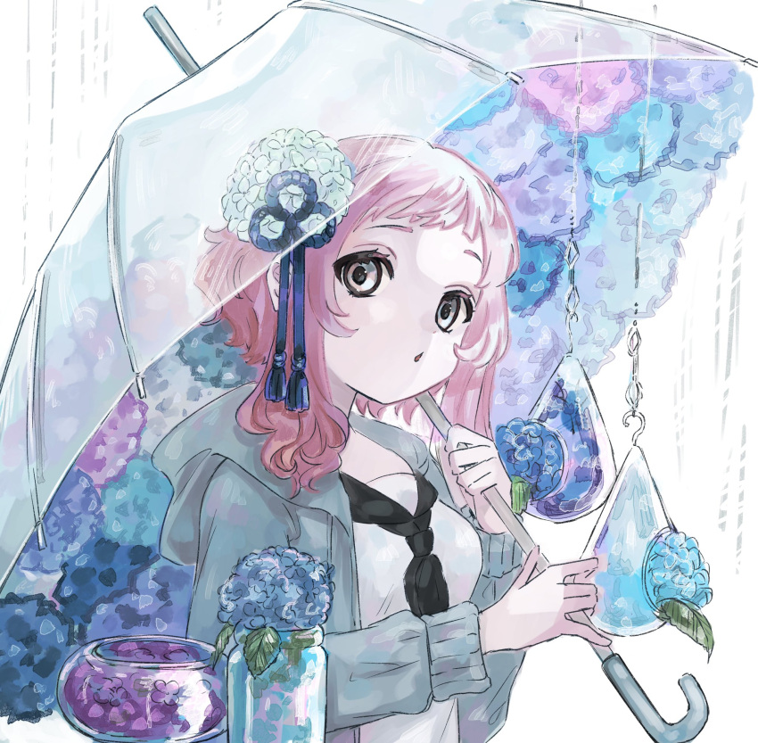 1girl, blue_flower, blue_jacket, bowl, breasts, flower, glass, glass_bowl, grey_eyes, highres, holding, holding_umbrella, hood, hood_down, hooded_jacket, hydrangea, jacket, jar, leaf, long_hair, long_sleeves, medium_breasts, open_clothes, open_jacket, open_mouth, original, over_shoulder, pink_hair, plum0o0, purple_flower, see-through, short_bangs, simple_background, solo, tassel, transparent, umbrella, upper_body, white_background, white_flower