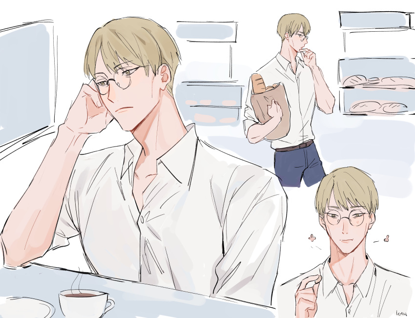 1boy, bag, blonde_hair, brown_eyes, coffee, collared_shirt, cup, glasses, heart, highres, holding, holding_bag, jujutsu_kaisen, lovemycat18, male_focus, nanami_kento, paper_bag, shirt, short_hair, sketch, solo, standing, steam, teacup, white_shirt