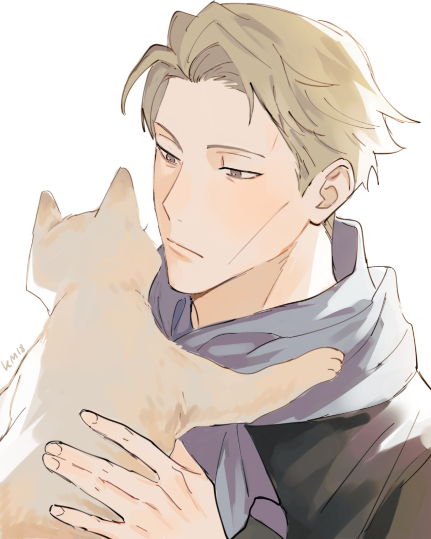 1boy, animal, blonde_hair, brown_eyes, cat, expressionless, gradient, gradient_background