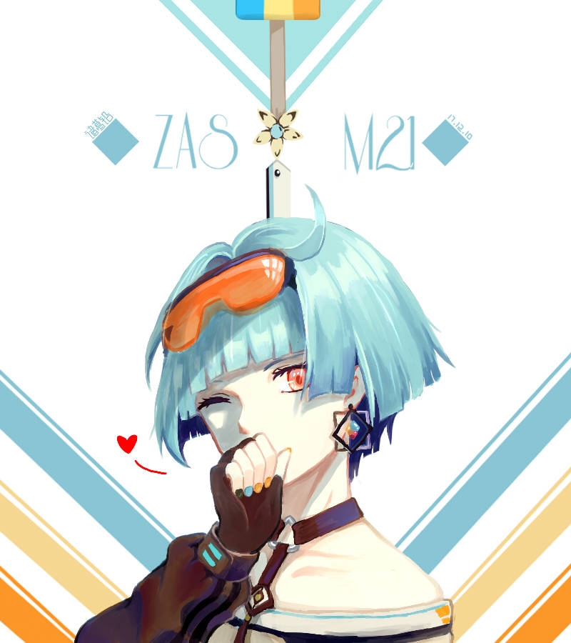 1girl, bangs, bare_shoulders, black_gloves, blue_hair, blue_nails, character_name, covering_mouth